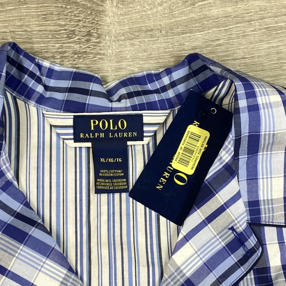 Polo Ralph‎ Lauren Pajama Shirt Men's XL Blue Plaid Cotton Sleepwear NWT